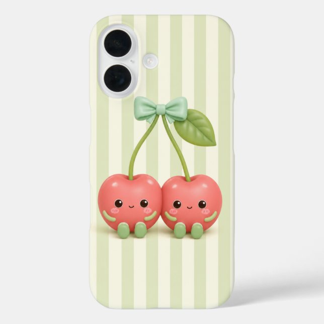 Coques Case-Mate iPhone Joli paire de cerises Kawaii sur rayures vert saug (Verso)