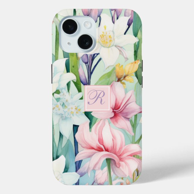 Coques Case-Mate iPhone Joli Pastel rose et blanc Monogramme de fleurs de  (Verso)