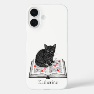 Coque Pour iPhone 16 Joli petit chat noir sur un livre personnalisé ave