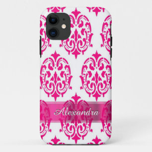 Coques Pour iPhone Joli rose chaud et blanc personnalisé damask