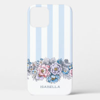 Joli rose et bleu Fleurs et bandes avec nom