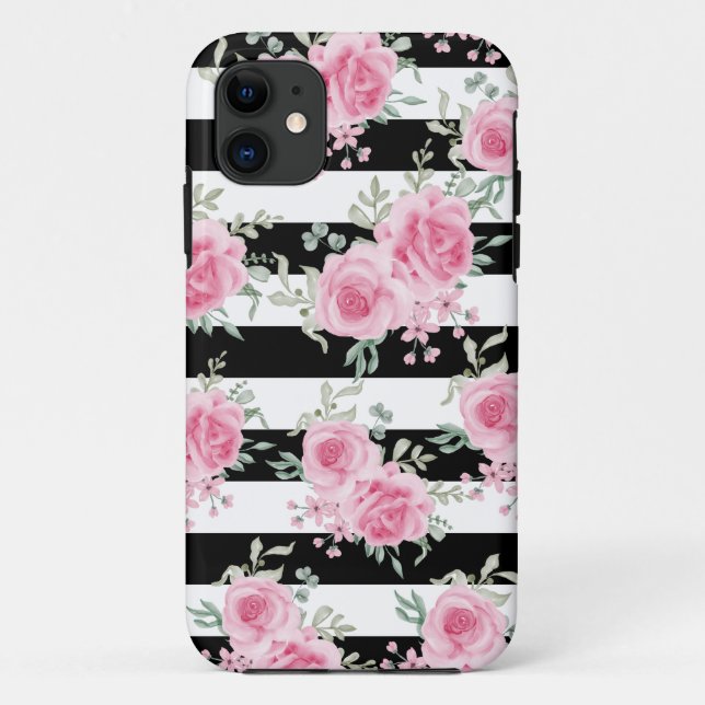 Coques Case-Mate iPhone Joli rose Floral Rose rayures noires (Dos)