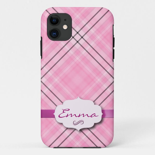 Coques Case-Mate iPhone Joli rose plaid avec étiquette de nom (Dos)