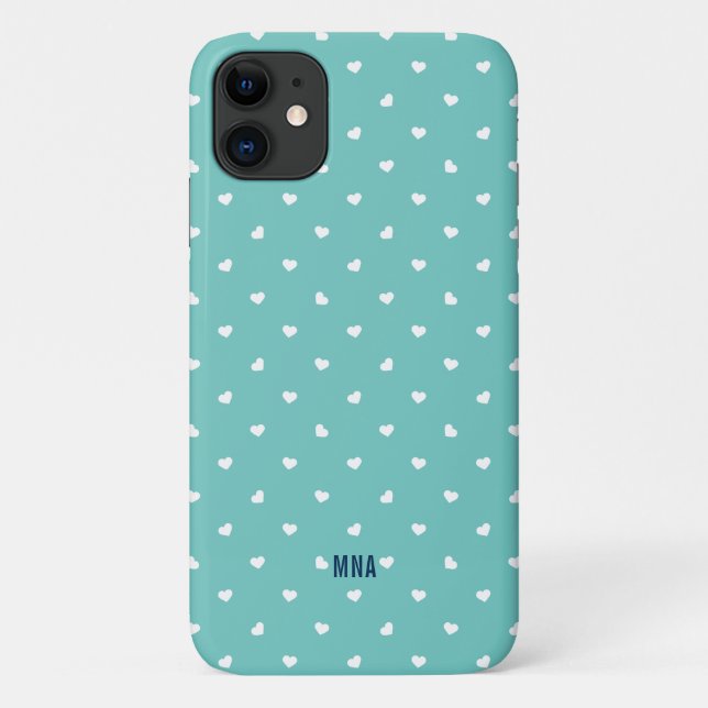 Coques Case-Mate iPhone Joli Turquoise et Coeurs Blancs Motif Monogramme (Dos)