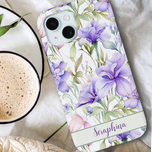 Coque Case-Mate iPhone Jolie aquarelle Iris en pourpre Nom personnalisé