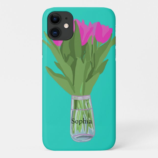 Coques Case-Mate iPhone Jolie fleur de tulipe Illustration moderne + Nom (Dos)