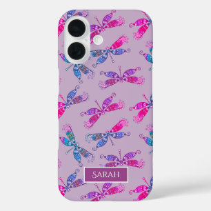 Coque Pour iPhone 16 Jolie libellule violet Motif bleu personnalisé