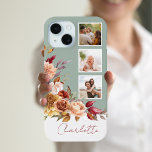 Coque Case-Mate iPhone Jolies fleurs d'aquarelle Pastel, 3-Photos avec no<br><div class="desc">Customisez ce joli design à trois modèles photo avec votre nom ou monogramme sur un élément étiquette vierge que vous pouvez customiser avec la couleur de votre choix. Il est doté d'un jet d'angle coloré de roses d'aquarelle, de rouille et d'ivoire et de chrysanthèmes avec feuillage vert sauge et brun....</div>