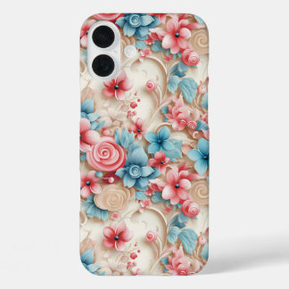 COQUE POUR iPhone 16 PLUS JOLIES FLEURS ORNÉES ROSES ET BLEUES