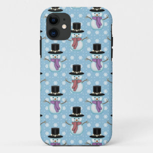 Coque Case-Mate iPhone Jolis bonshommes de neige sur motif bleu pâle
