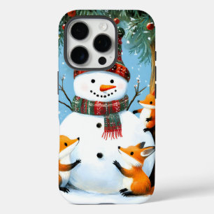 Coque iPhone 16 Pro Jolis renards et bonhomme de neige de la forêt hiv