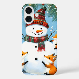 Coque Pour iPhone 16 Jolis renards et bonhomme de neige en forêt hivern