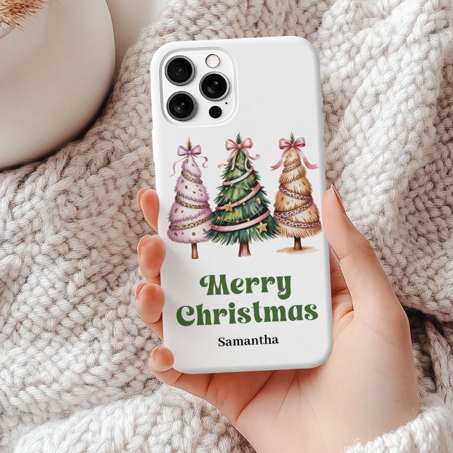 Coques Case-Mate iPhone Jolis sapins de Noël vert or léopard personnalis (Cute Christmas trees green gold leopard personalized case)
