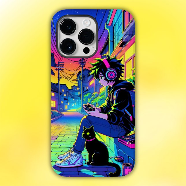 Coques Case-Mate iPhone Joueur d'Anime avec chat noir | (Créateur téléchargé)