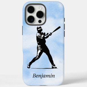 Coque iPhone 16 Pro Max Joueur de baseball personnalisé Silhouette Blue Sk