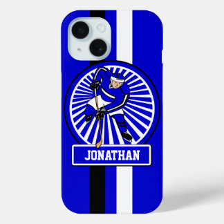 Coque Pour iPhone 15 Joueur de hockey sur glace personnalisé bleu