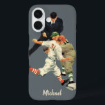 Coques iPhone 16 Joueurs vintages de baseball de sport en sécurité<br><div class="desc">Facile à customiser,  ajoutez simplement votre nom ! Illustration vintage conception de base-ball sportif avec des joueurs de baseball à l'ancienne jouant à un jeu. Il y a un juge-arbitre,  un attrapeur qui essaie d'attraper un baseball et un coureur qui le rend en sécurité à la base.</div>