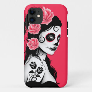 Coque iPhone 11 Jour de la fille morte de crâne de sucre - rose