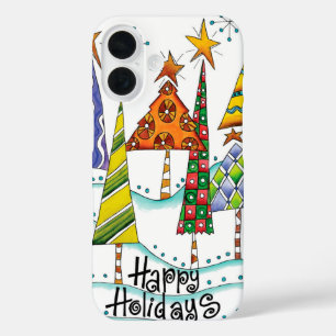Coque Pour iPhone 16 Joyeuses Fêtes ! Jolis sapins de Noël avec des éto