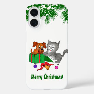 Coque Pour iPhone 16 Joyeux Noël avec chat et chiot
