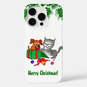 Coque iPhone 16 Pro Joyeux Noël avec chat et chiot
