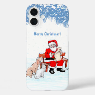 Coque Pour iPhone 16 Plus Joyeux Noël - Père Noël avec chat et chien