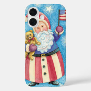 Coques iPhone 16 Joyeux Noël, Père Noël patriotique avec drapeau