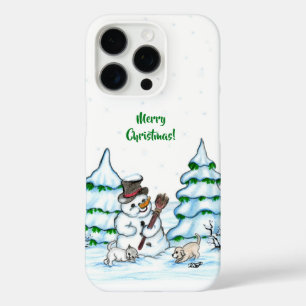 Coque iPhone 16 Pro Joyeux Noël ! Snowman avec chat et chiot