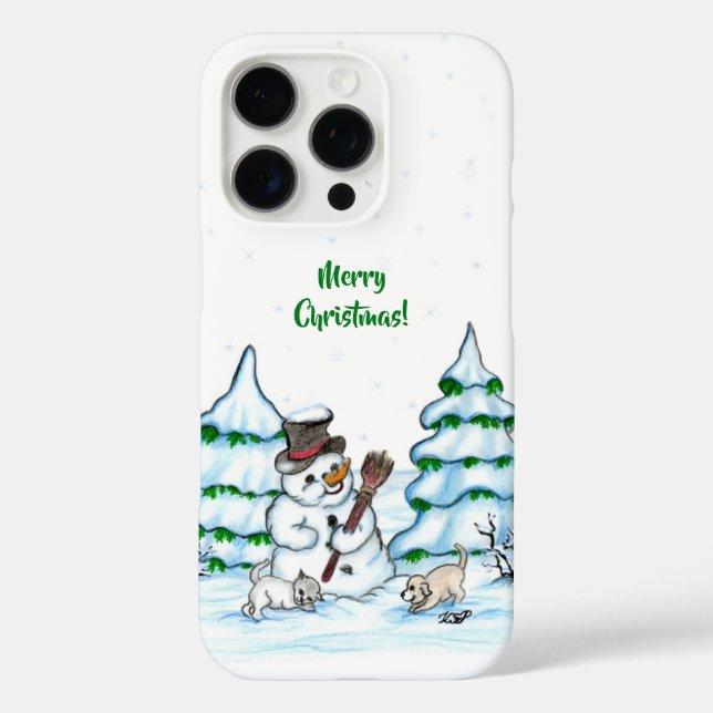Coques Case-Mate iPhone Joyeux Noël ! Snowman avec chat et chiot (Verso)