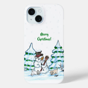 Coque Case-Mate iPhone Joyeux Noël ! Snowman avec chat et chiot