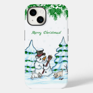 Coque Case-Mate iPhone Joyeux Noël ! Snowman avec chat et chiot