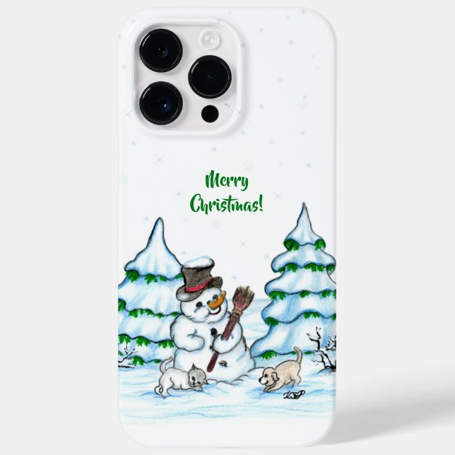 Coques Case-Mate iPhone Joyeux Noël ! Snowman avec chat et chiot (Verso)