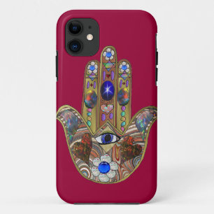 Coque iPhone 11 Judaica Hamsa Coeurs Fleurs Opal Art Imprimer