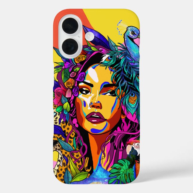 Coques Case-Mate iPhone Jungle Goddess Pop Art Portrait de Paon iPhone 16 (Verso)