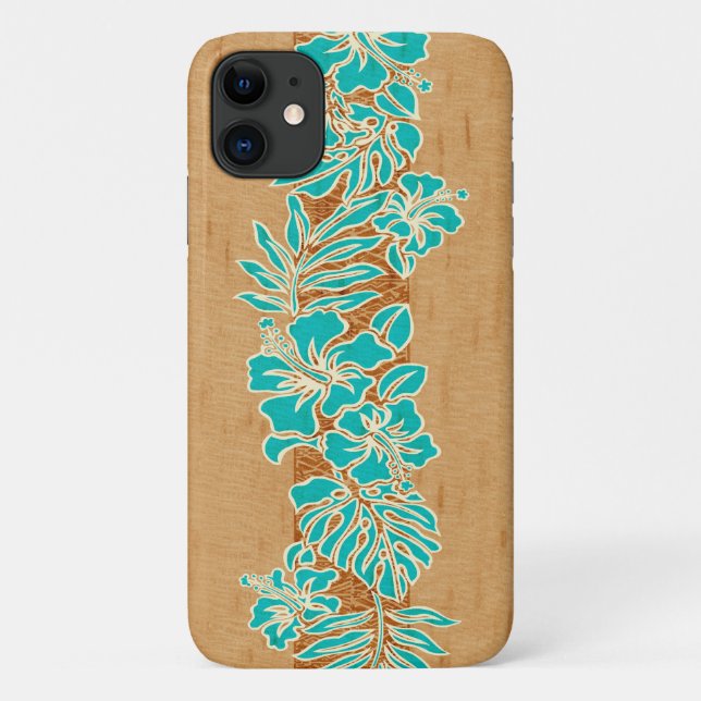 Coques Case-Mate iPhone Kalaheo Hawaiian Aqua Hibiscus Tapa Faux Wood (Dos)