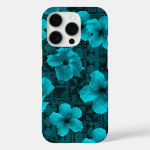 Coque iPhone 16 Pro Kalalau Tapa Hibiscus Turquoise tropical hawaïen