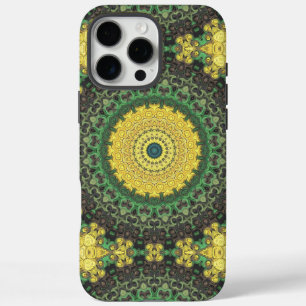 Coque iPhone 16 Pro Max Kaleidoscope jaune et vert Mandala Motif
