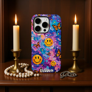 Coque iPhone 16 Pro Kaleidoscope Joy : Galaxie du sourire aux papillon