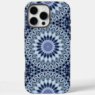 Coque iPhone 16 Pro Max Kaleidoscope Mandala Motif Bleu et Blanc