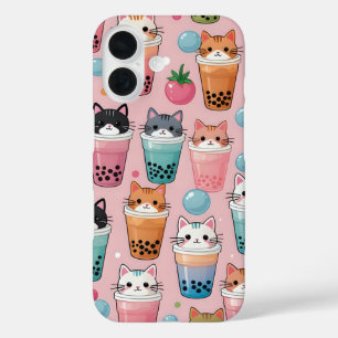 Coque Pour iPhone 16 Kawaii Bubble Tea Cats Motif sans couture