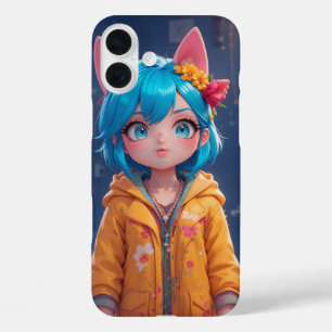 Coque Pour iPhone 16 Plus Kawaii Fille de chat à Haired Bleu