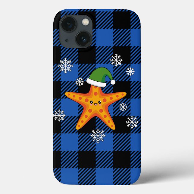 Coques Case-Mate iPhone Kawaii Xmas Starfish sur Blue Buffalo Motif (Verso)