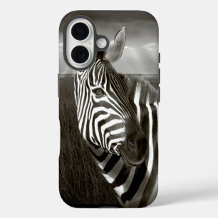Coque Pour iPhone 16 Kenya. Noir et blanc de zèbre et plaine.