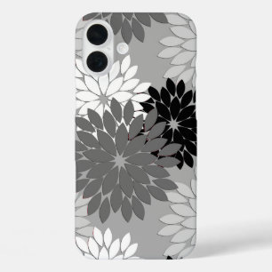 Coque Pour iPhone 16 Plus Kimono floral moderne Imprimer, gris, noir et blan