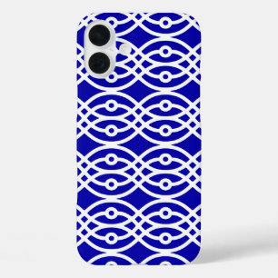 Coque Pour iPhone 16 Plus Kimono imprimé, bleu cobalt et blanc