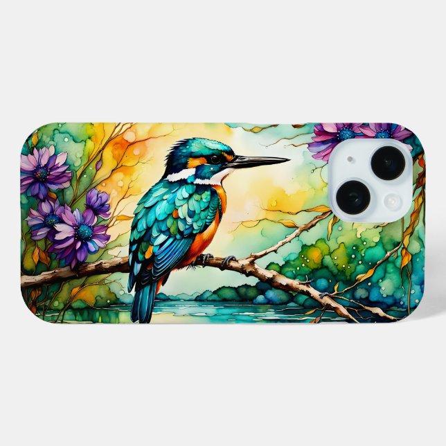 Coques Case-Mate iPhone Kingfisher perché au-dessus des Fleurs sauvages d' (Verso (horizontal))