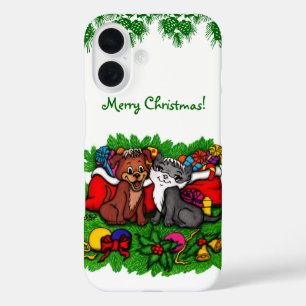 Coque Pour iPhone 16 Kitty et chiot, Happy XMas