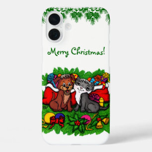 Coque Pour iPhone 16 Plus Kitty et chiot, Happy XMas