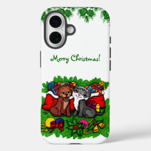 Coque Pour iPhone 16 Kitty et chiot, Happy XMas