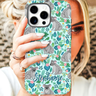 Coque iPhone 16 Pro Koala Floral Modèle Nom personnalisé